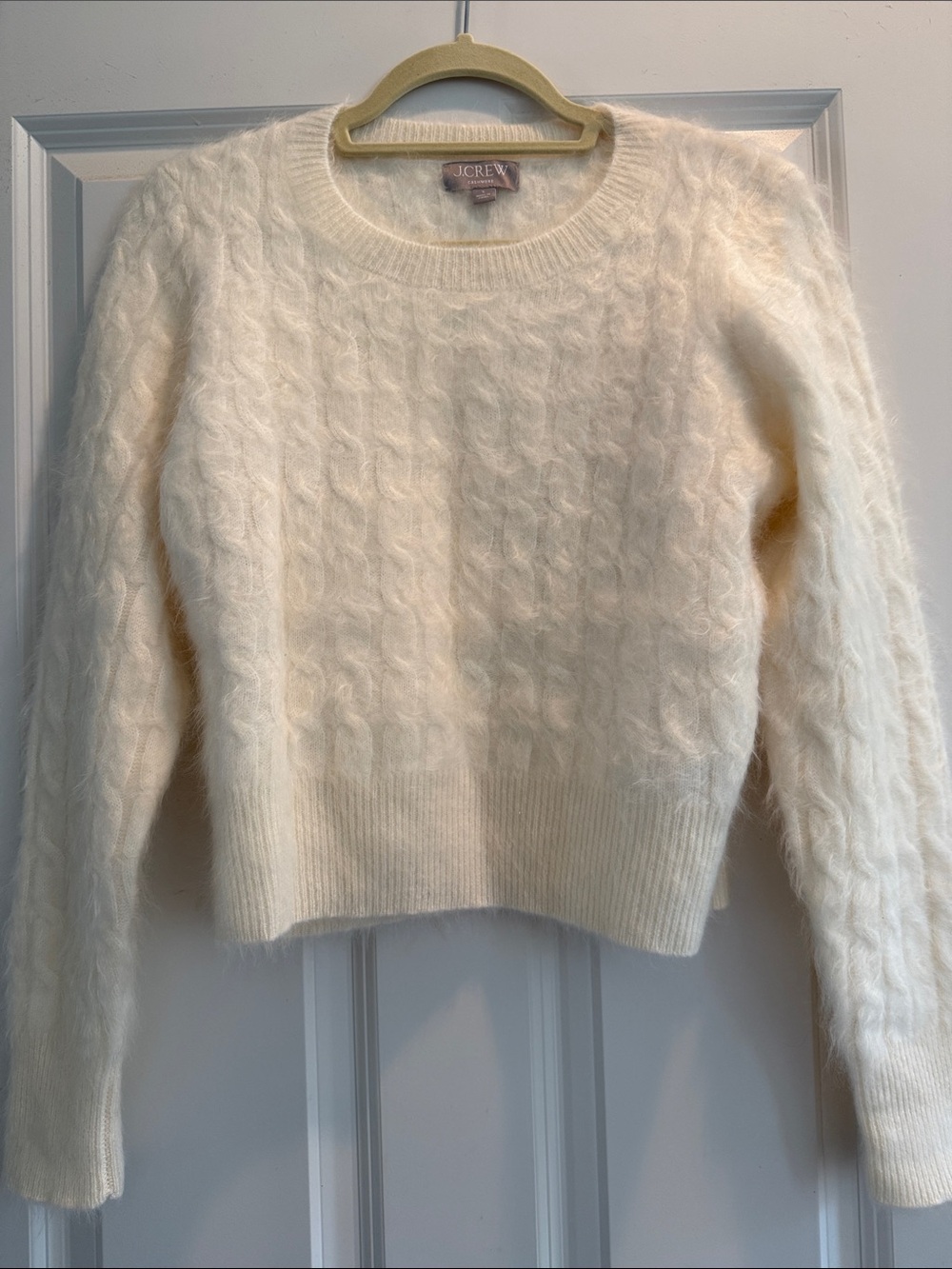 J. Crew Ivory Brushed Cashmere Cable-Knit Crewneck Sweater, small, like new